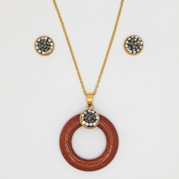 JEWELRY - SET - STAINLESS STEEL AND NATURAL STONE - RING S17 - GOLD AND AVENTURINE BROWN - PACKAGE (6 sets)