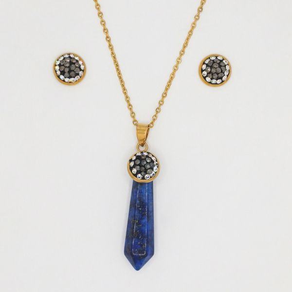 JEWELRY - SET - STAINLESS STEEL AND NATURAL STONE - HEXAGON S26 - GOLD AND LAZURITE - PACKAGE (6 sets)