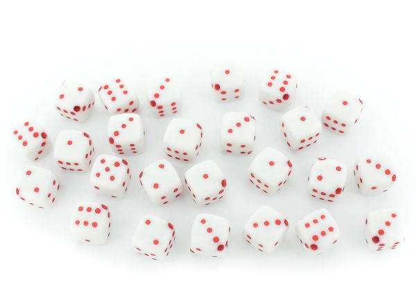 ACRYLIC BEADS - DICE - 11x6x8mm WHITE WITH RED - 50 g Hole-1.5mm (90pcs.)