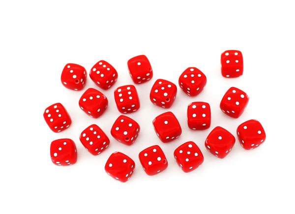 ACRYLIC BEADS - DICE - 11x6x8mm RED WITH WHITE - PACKAGE 500g Hole-1.5mm (900pcs.)