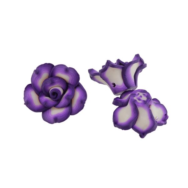 POLYMER CLAY FIMO BEADS - ROSE 01 MULTICOLORED - 25x12mm WHITE-PURPLE-PURPLE (DARK) 05 - PACKAGE 100pcs. Hole-2.0mm