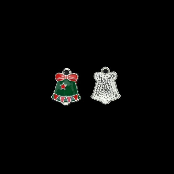METAL BEADS WITH ENAMEL - PENDANT - CHRISTMAS BELL 02 - 13x17x2mm NICKEL AND GREEN (DARK)-RED - PACKAGE 50pcs. Hole-1.8mm