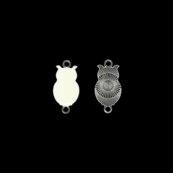METAL BEADS WITH ENAMEL - CONNECTING ELEMENT WITH 2 RINGS - OWL 04 - 12x23x2.5mm NICKEL AND ECRU - 5pcs. Hole-1.8mm