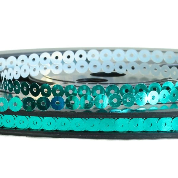 SEQUIN RIBBON - CIRCLE 01 FLAT - METALLIC - 5mm TURQUOISE GREEN 054 - ROLL 70meters Hole-1.0mm