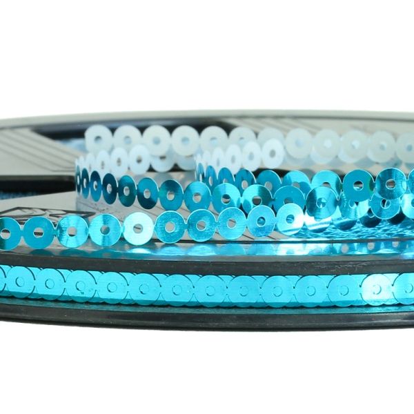 SEQUIN RIBBON - CIRCLE 01 FLAT - METALLIC - 5mm TURQUOISE BLUE 056 - ROLL 70meters Hole-1.0mm