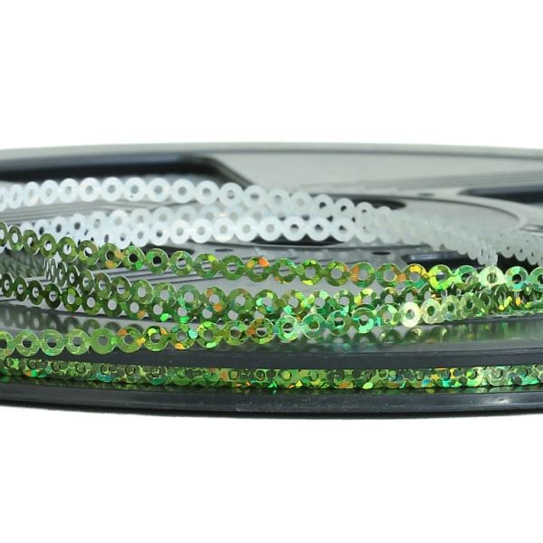 SEQUIN RIBBON - CIRCLE 01 FLAT - HOLOGRAPHIC - 3mm GREEN 076 - ROLL 70meters Hole-1.0mm