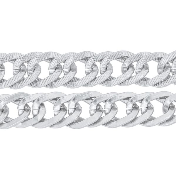 METAL CHAIN - ALUMINUM - DOUBLE LINK FLAT ONE SIDE STRIPED CURB - 2x11x15mm SILVER - 1meter