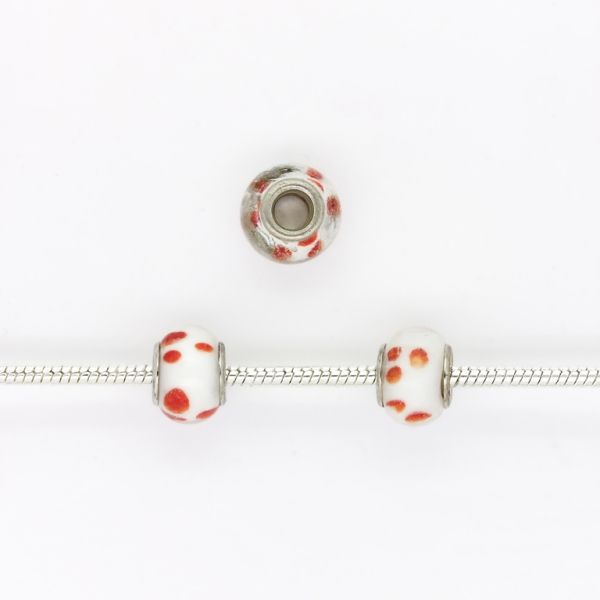 PANDORA TYPE BEADS - GLASS - CIRCLE - 14x10mm WHITE-RED (LIGHT)-ORANGE 12 - 5pcs. Hole-5.0mm