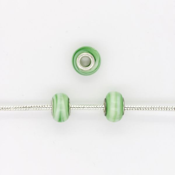 PANDORA TYPE BEADS - GLASS - CIRCLE - 14x10mm GREEN (LIGHT)-GREEN (DARK) 35 - PACKAGE 50pcs. Hole-5.0mm