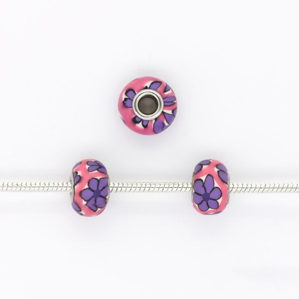 PANDORA TYPE BEADS - FIMO - CIRCLE - FLOWER 04 - 16x10mm PINK ELECTRICAL-WHITE-PURPLE-BLACK - PACKAGE 50pcs. Hole-5.0mm