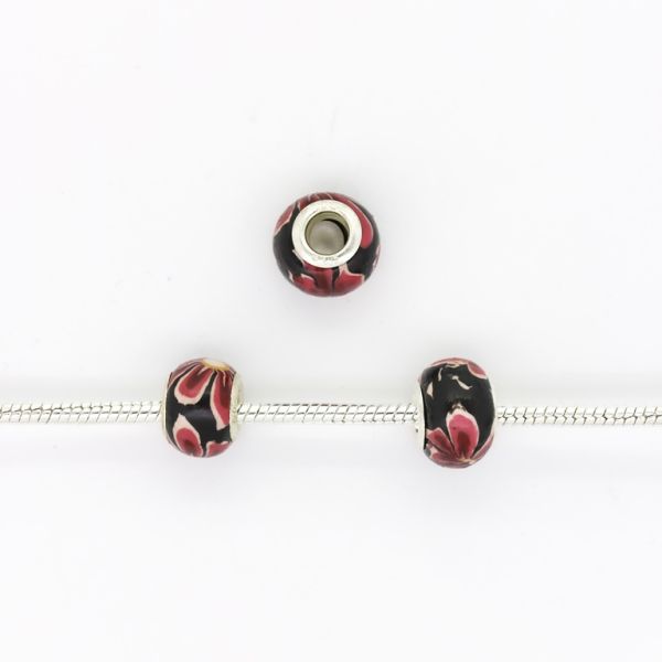 PANDORA TYPE BEADS - FIMO - CIRCLE - FLOWER 10 - 14x10mm BLACK-PINK (LIGHT)-RED (DARK)-RED-YELLOW - PACKAGE 50pcs. Hole-5.0mm