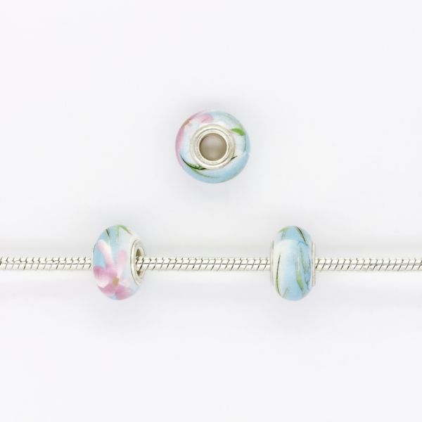PANDORA TYPE BEADS - CERAMIC - CIRCLE - FLOWER 02 - 15x9mm WHITE-BLUE (LIGHT)-PINK (DARK)-GREEN (LIGHT) 37 - PACKAGE 50pcs. Hole-5.0mm