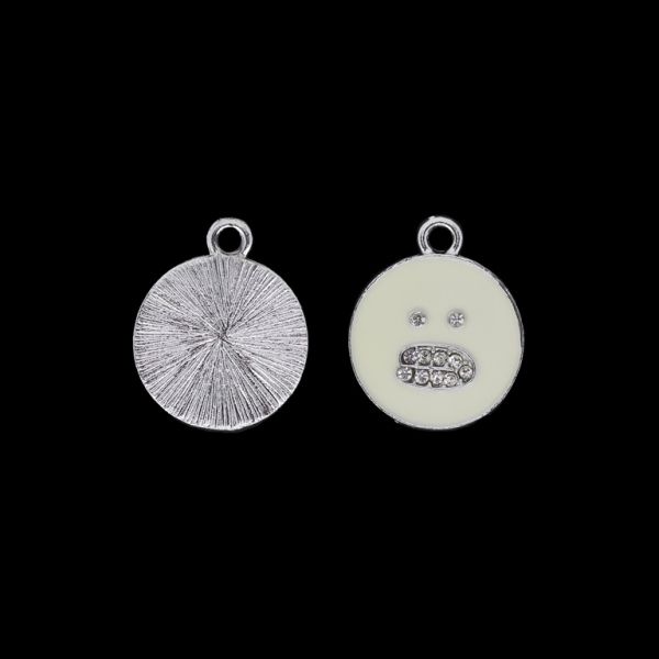 METAL BEADS WITH ENAMEL AND CRYSTALS - UV - PENDANT - EMOJI 01 - 20x24x2mm NICKEL AND WHITE - PACKAGE 40pcs. Hole-2.7mm
