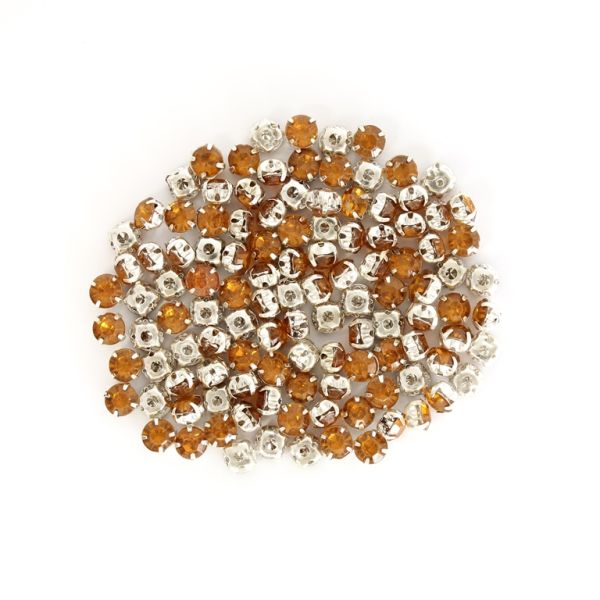BEADS FOR SEWING - ACRYLIC CRYSTALS WITH METAL BASE - CIRCLE 6x4.4mm - AMBER (DARK) AND SILVER - PACKAGE 100g (915pcs.)