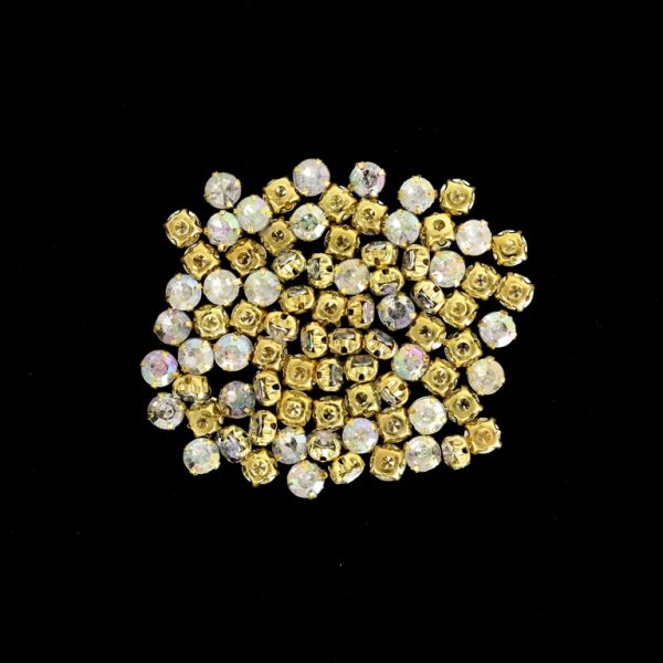 BEADS FOR SEWING - ACRYLIC CRYSTALS WITH METAL BASE - CIRCLE 6x4.4mm - TRANSPARENT (АВ) AND GOLD - PACKAGE 100g (805pcs.)