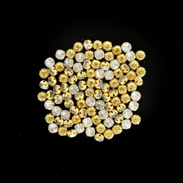 BEADS FOR SEWING - ACRYLIC CRYSTALS WITH METAL BASE - CIRCLE 6x4.4mm - TRANSPARENT AND GOLD (DARK) - PACKAGE 100g (920pcs.)