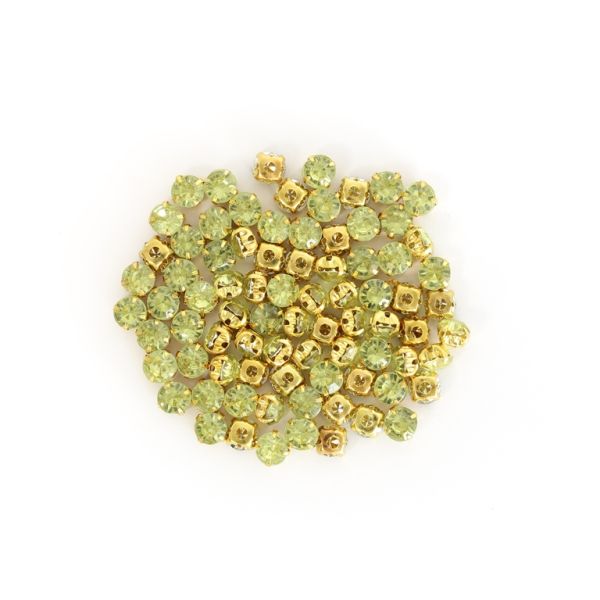 BEADS FOR SEWING - ACRYLIC CRYSTALS WITH METAL BASE - CIRCLE 6x4.4mm - RESEDA AND GOLD - PACKAGE 100g (885pcs.)