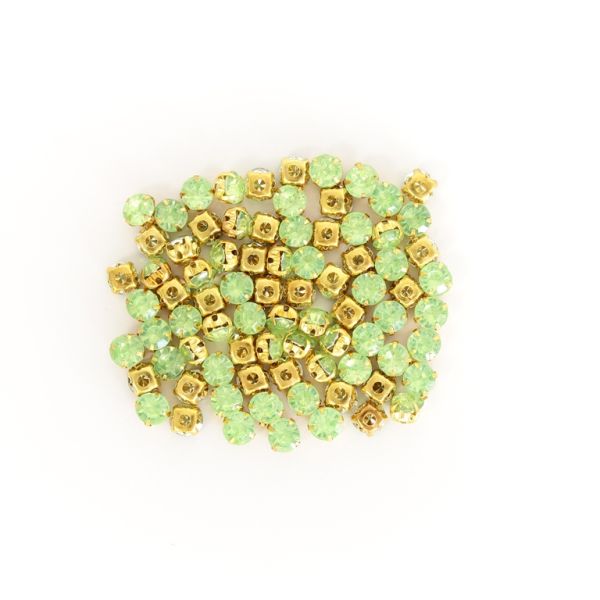 BEADS FOR SEWING - ACRYLIC CRYSTALS WITH METAL BASE - CIRCLE 6x4.5mm - GREEN (LIGHT) AND GOLD (DARK) - PACKAGE 100g (875pcs.)