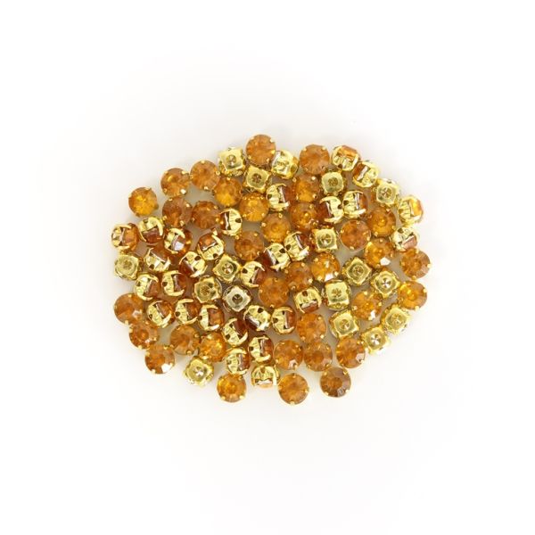BEADS FOR SEWING - ACRYLIC CRYSTALS WITH METAL BASE - CIRCLE 6x5mm - AMBER AND GOLD - PACKAGE 100g (785pcs.)