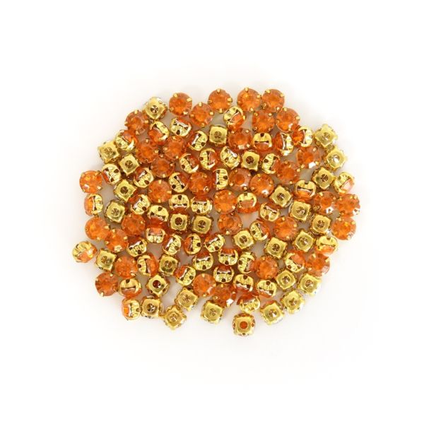 BEADS FOR SEWING - ACRYLIC CRYSTALS WITH METAL BASE - CIRCLE 6x5mm - ORANGE (DARK) AND GOLD - PACKAGE 100g (875pcs.)