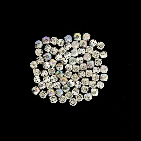 BEADS FOR SEWING - ACRYLIC CRYSTALS WITH METAL BASE - CIRCLE 6x5mm - TRANSPARENT (АВ) AND SILVER - PACKAGE 100g (650pcs.)