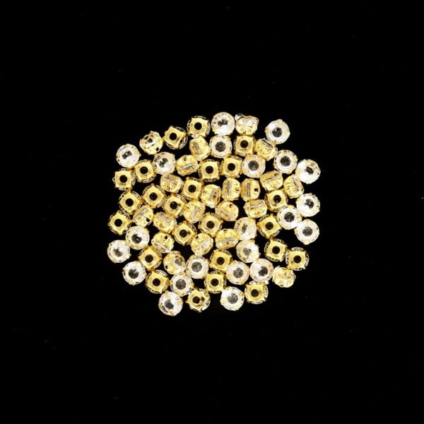 BEADS FOR SEWING - ACRYLIC CRYSTALS WITH METAL BASE - CIRCLE 6x5mm - TRANSPARENT AND GOLD - PACKAGE 100g (800pcs.)