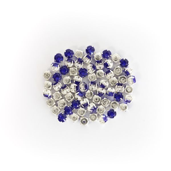 BEADS FOR SEWING - ACRYLIC CRYSTALS WITH METAL BASE - CIRCLE 6x5mm - BLUE (DARK) AND SILVER - PACKAGE 100g (695pcs.)