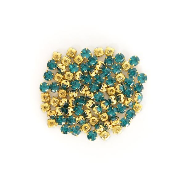BEADS FOR SEWING - ACRYLIC CRYSTALS WITH METAL BASE - CIRCLE 6x5mm - TURQUOISE GREEN AND GOLD - PACKAGE 100g (870pcs.)