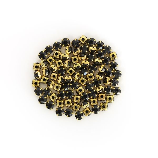 BEADS FOR SEWING - ACRYLIC CRYSTALS WITH METAL BASE - CIRCLE 6x5mm - BLACK AND GOLD - PACKAGE 100g (865pcs.)