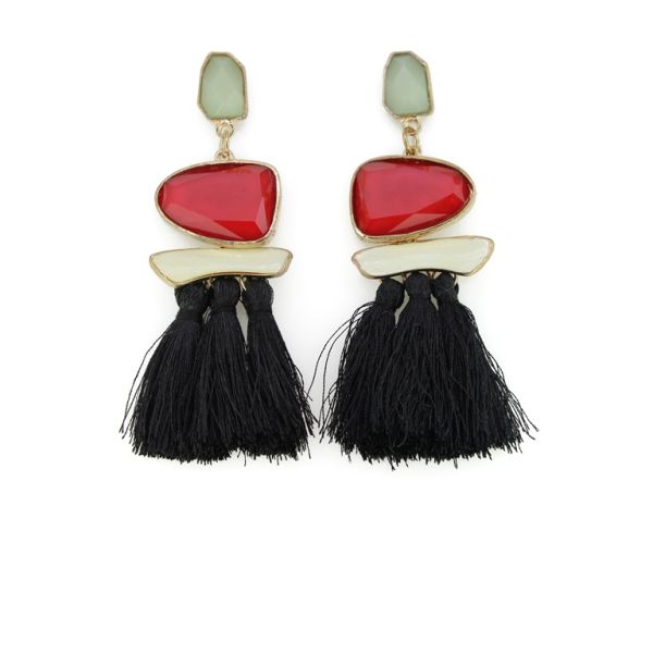 JEWELRY - EARRINGS - SCREW - TASSLES - Е346 - GOLD-RED-BLACK - PACKAGE 6 pairs