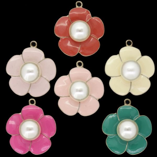 METAL BEADS WITH ENAMEL AND PEARL - PENDANT - FLOWER 45 - 27x30x13mm GOLD AND MIXED COLORS - PACKAGE 10pcs. Hole-1.9mm