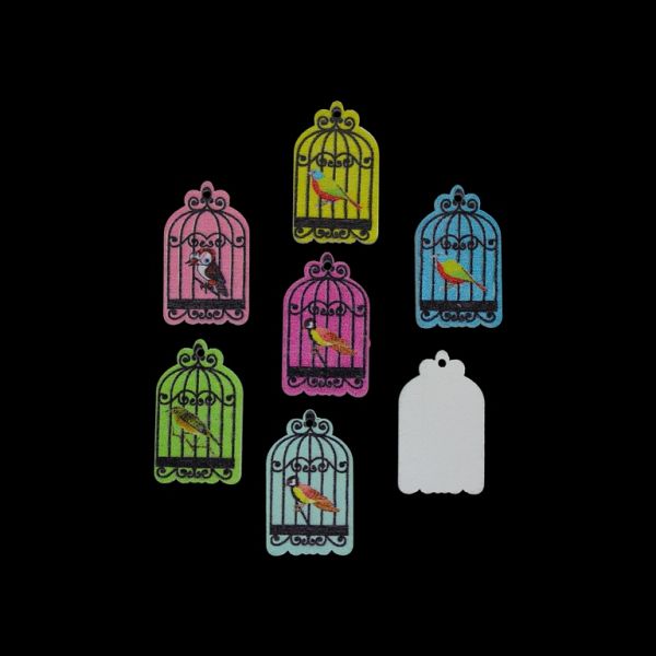 WOODEN FIGURES - PENDANT - CAGE 01 - 18х30х2mm WHITE AND MIX - 10pcs. Hole-2.0mm
