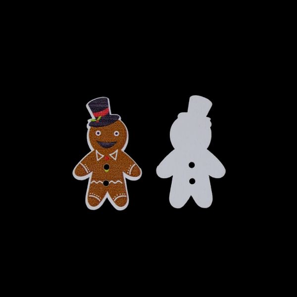 WOODEN FIGURES - BUTTON TYPE - CHRISTMAS - COOKIE 01 - 22х35х2mm WHITE AND BROWN - PACKAGE 100pcs. Hole-2х2.0mm