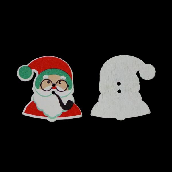 WOODEN FIGURES - BUTTON TYPE - CHRISTMAS - SANTA CLAUS 07 - 32x35x2mm WHITE WITH RED AND GREEN - PACKAGE 100pcs. Hole-2x2.0mm