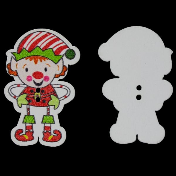 WOODEN FIGURES - BUTTON TYPE - CHRISTMAS - ELF 01 - 24x38x2mm WHITE AND RED (LIGHT) - 10pcs. Hole-2x1.8mm