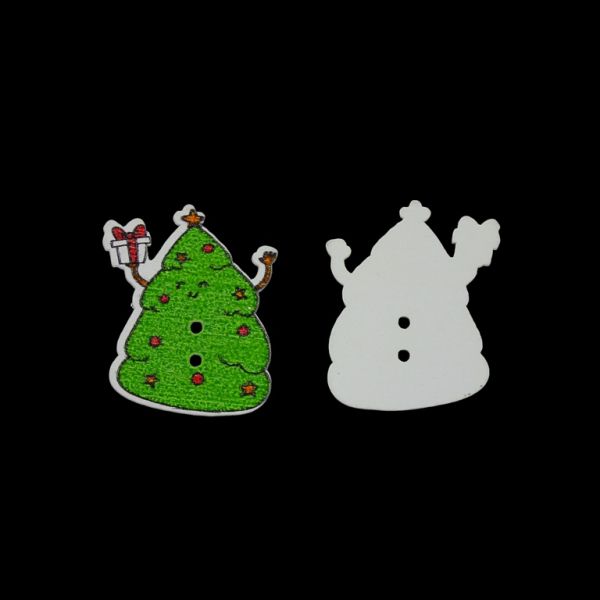 WOODEN FIGURES - BUTTON TYPE - CHRISTMAS - CHRISTMAS TREE 03 - 27x32x2mm WHITE AND GREEN - PACKAGE 100pcs. Hole-2x2.0mm