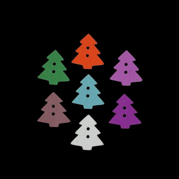 WOODEN FIGURES - BUTTON TYPE - CHRISTMAS - CHRISTMAS TREE 05 - 17х18х4mm MIX - PACKAGE 100pcs. Hole-2х2.0mm
