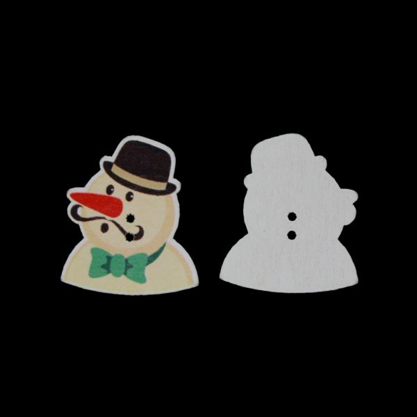 WOODEN FIGURES - BUTTON TYPE - CHRISTMAS - SNOWMAN 06 - 30х35х2mm WHITE WITH ECRU AND GREEN - PACKAGE 100pcs. Hole-2х2.0mm