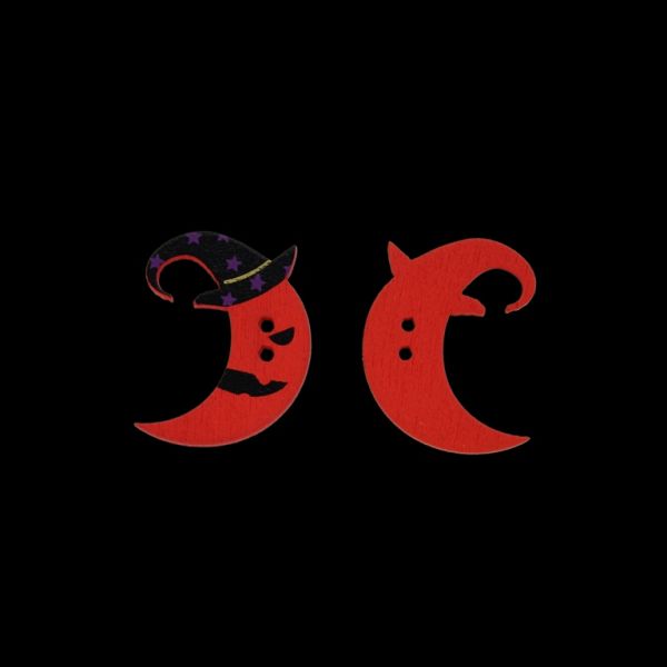 WOODEN FIGURES - BUTTON TYPE - HALLOWEEN - MOON 01 - 24х30х2mm RED AND BLACK - PACKAGE 100pcs. Hole-2х2.0mm
