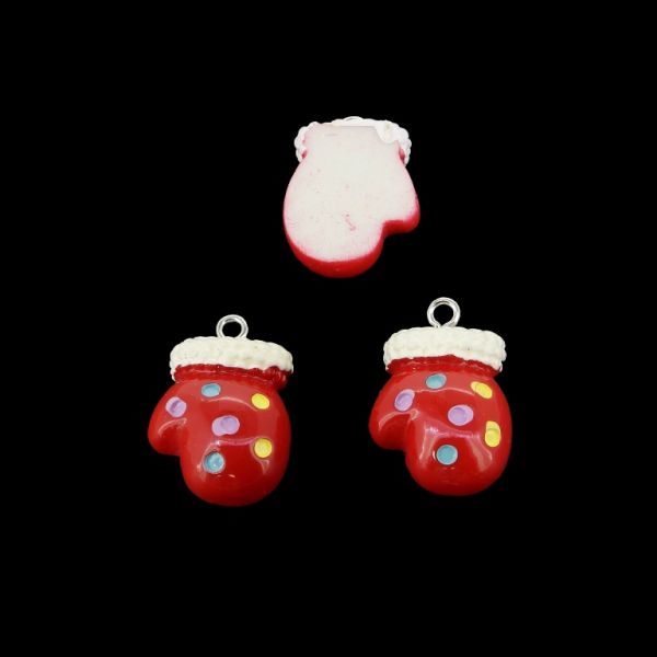 PLASTIC BEADS - RESIN 3D - PENDANT - CHRISTMAS GLOVE 04 - 16x22x6mm RED-WHITE-COLORFUL - 2pcs. Hole-2.0mm
