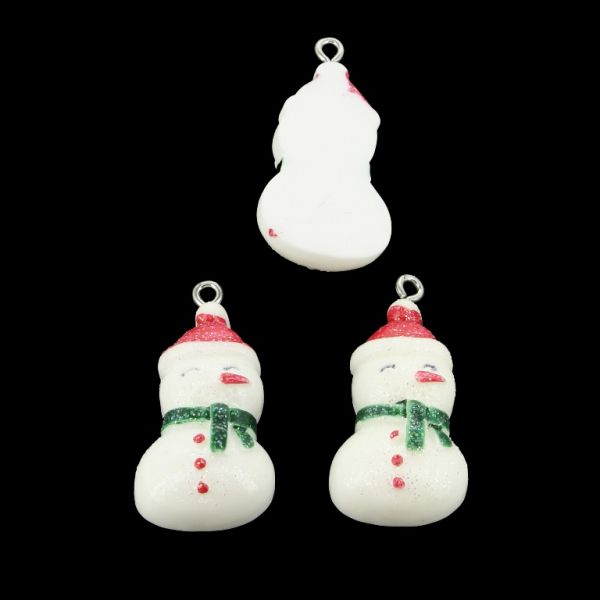 PLASTIC BEADS - RESIN 3D - PENDANT - SNOWMAN 07 - 17x34x9mm WHITE-GREEN-RED-BLACK - 2pcs. Hole-2.0mm