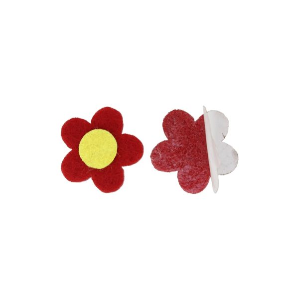 TEXTILE BEADS - FELT WITH STICKER - FLOWER 05 - 30x30mm RED AND YELLOW - PACKAGE 30pcs.
