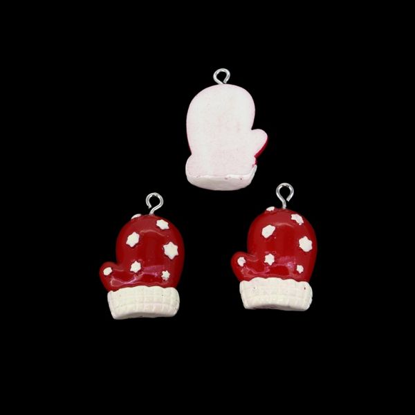 PLASTIC BEADS - RESIN 3D - PENDANT - CHRISTMAS GLOVE 01 - 18x28x7mm RED AND WHITE - PACKAGE 30pcs. Hole-2.0mm