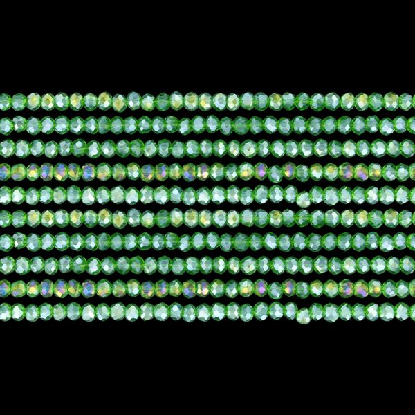 GLASS BEADS - FACETED RONDELLE CRYSTALS - 2.5x2mm - АВ TRANSPARENT - GREEN (LIGHT) 020AB - STRING (166pcs.) Hole-0.8mm