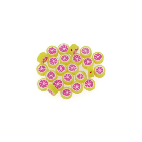 POLYMER CLAY FIMO BEADS - DISK - GRAPEFRUIT 01 - 9mm YELLOW-WHITE-PINK - 50pcs. Hole-1.6mm