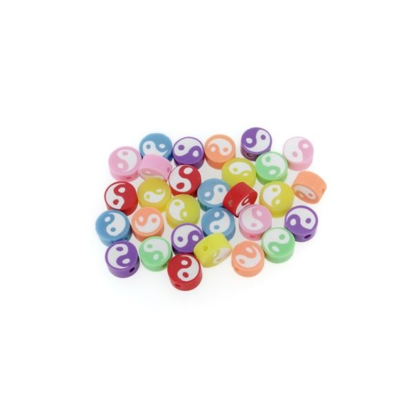POLYMER CLAY FIMO BEADS - DISK - YIN-YANG 01 - 9mm MIXED COLORS 02 - 50pcs. Hole-1.6mm