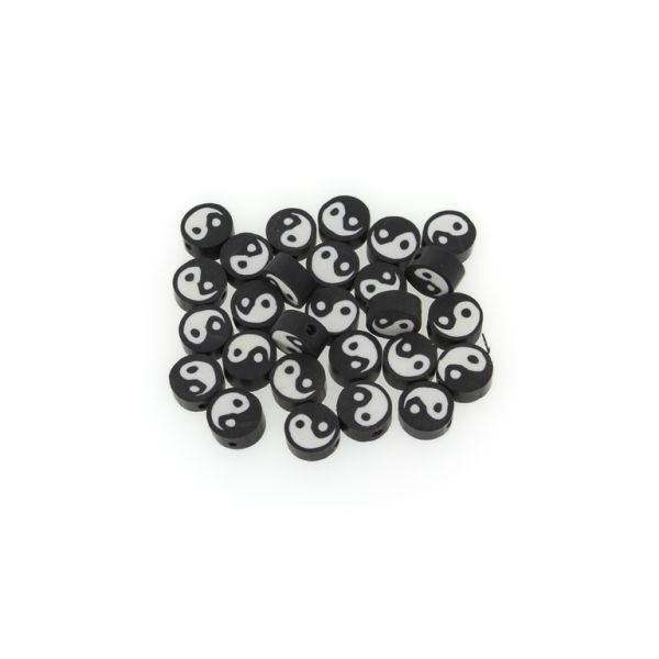 POLYMER CLAY FIMO BEADS - DISK - YIN-YANG 01 - 9mm BLACK AND WHITE - 50pcs. Hole-1.6mm