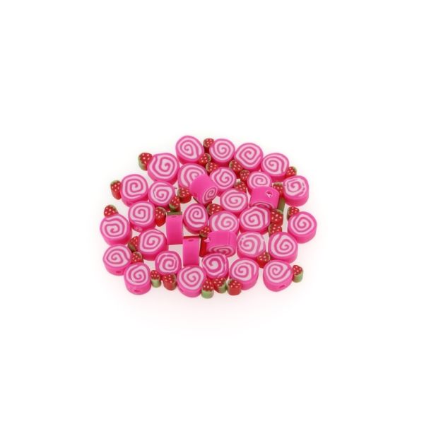 POLYMER CLAY FIMO BEADS - CUPCAKE 02 - 8x11mm CYCLAMEN-WHITE-RED-GREEN - 50pcs. Hole-1.6mm