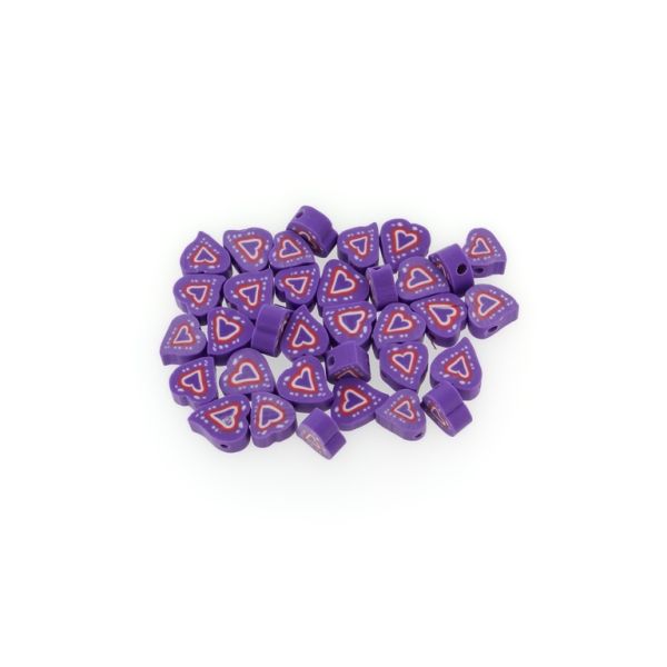 POLYMER CLAY FIMO BEADS - HEART 03 - 9x9mm PURPLE-WHITE-RED - 50pcs. Hole-1.6mm