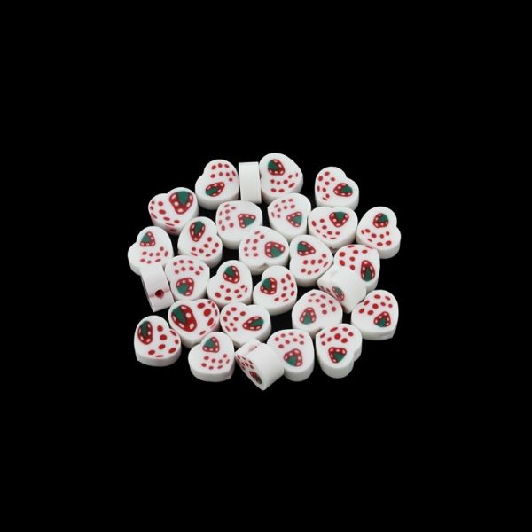 POLYMER CLAY FIMO BEADS - HEART 04 - 8x9mm WHITE-RED-GREEN - 50pcs. Hole-1.6mm